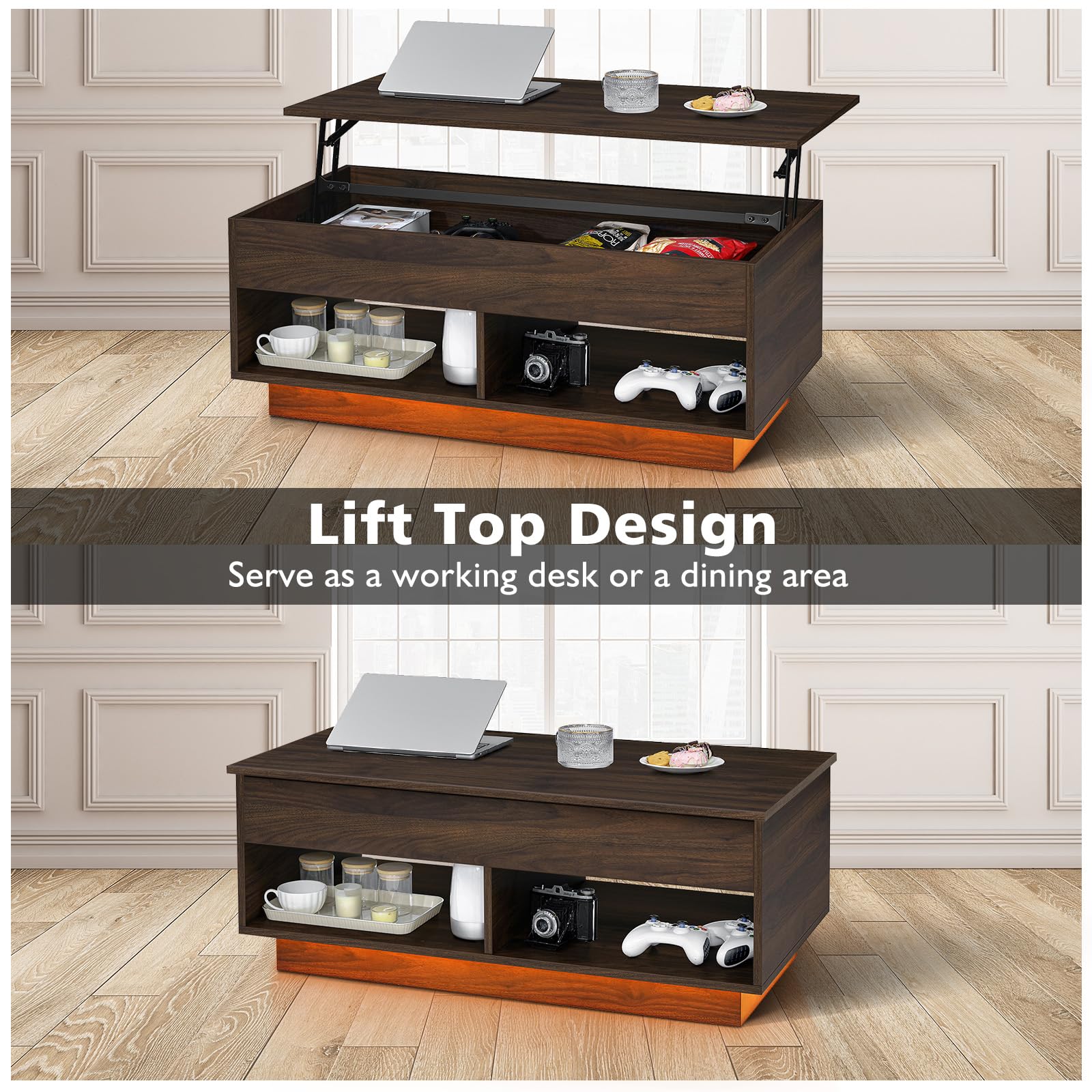 HOMMPA Lift Top Coffee Table with Hidden Storage LED Coffee Table Dark Walnut Living Room 3 Tiers Tea Table with Storage Center Tables Hidden Compartment & 2 Open Shelves - WoodArtSupply