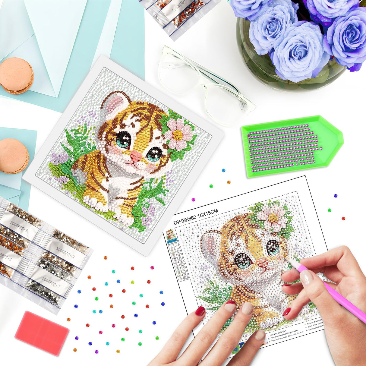 SENQAO Tiger Diamond Art Kit for Adults with Frame Art and Crafts for Adults Ages 6-8 -10-12 Easy to DIY Diamond Art for Adults and Adult Beginners Home Wall Decoration 7.1x7.1inch SENQAO