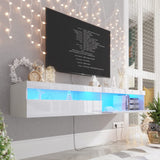 ANTISTA Floating TV Stand with Led Lights, 71 inch Wall Mounted TV Shelf with Power Outlet, Modern Entertainment Center Media Console with Storage Cabinet, Up to 80 Inch TVS, White ANTISTA