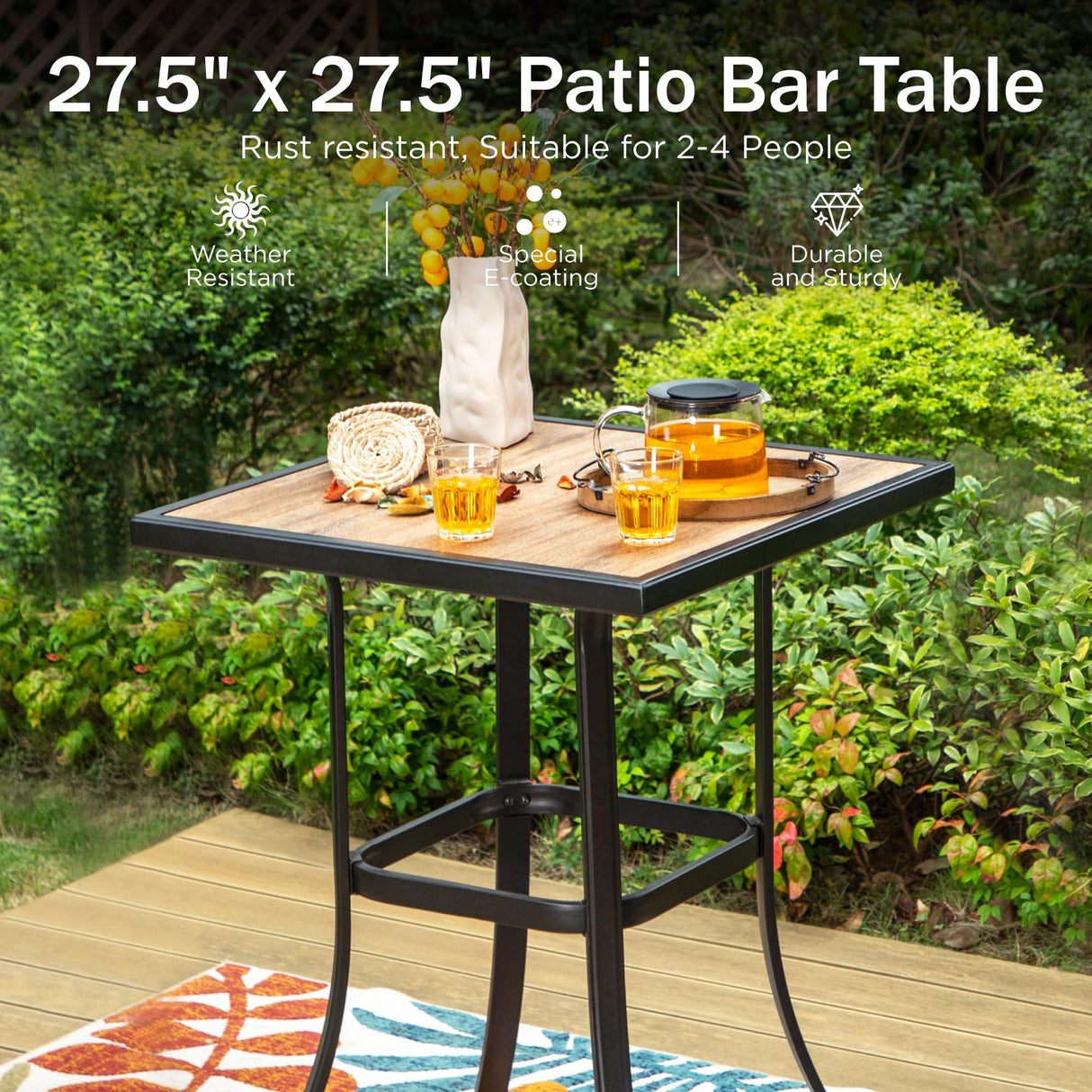 PHI VILLA Patio Bar Table, Outdoor Bar Height Bistro Table with Wooden-Like Table Top & Metal Frame, Brown PHI VILLA