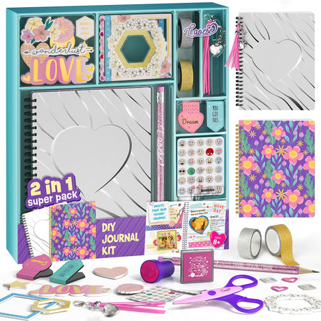 2-Pack DIY Journal Kit - Gifts for Girl Ages 8 9 10 11 12 13 14 Year Old - Cool Birthday Gifts Ideas for Girls - Art & Crafts for Tween Kid - Teen Girls Trendy Stuff - Scrapbook & Diary Supplies Set LAOESE