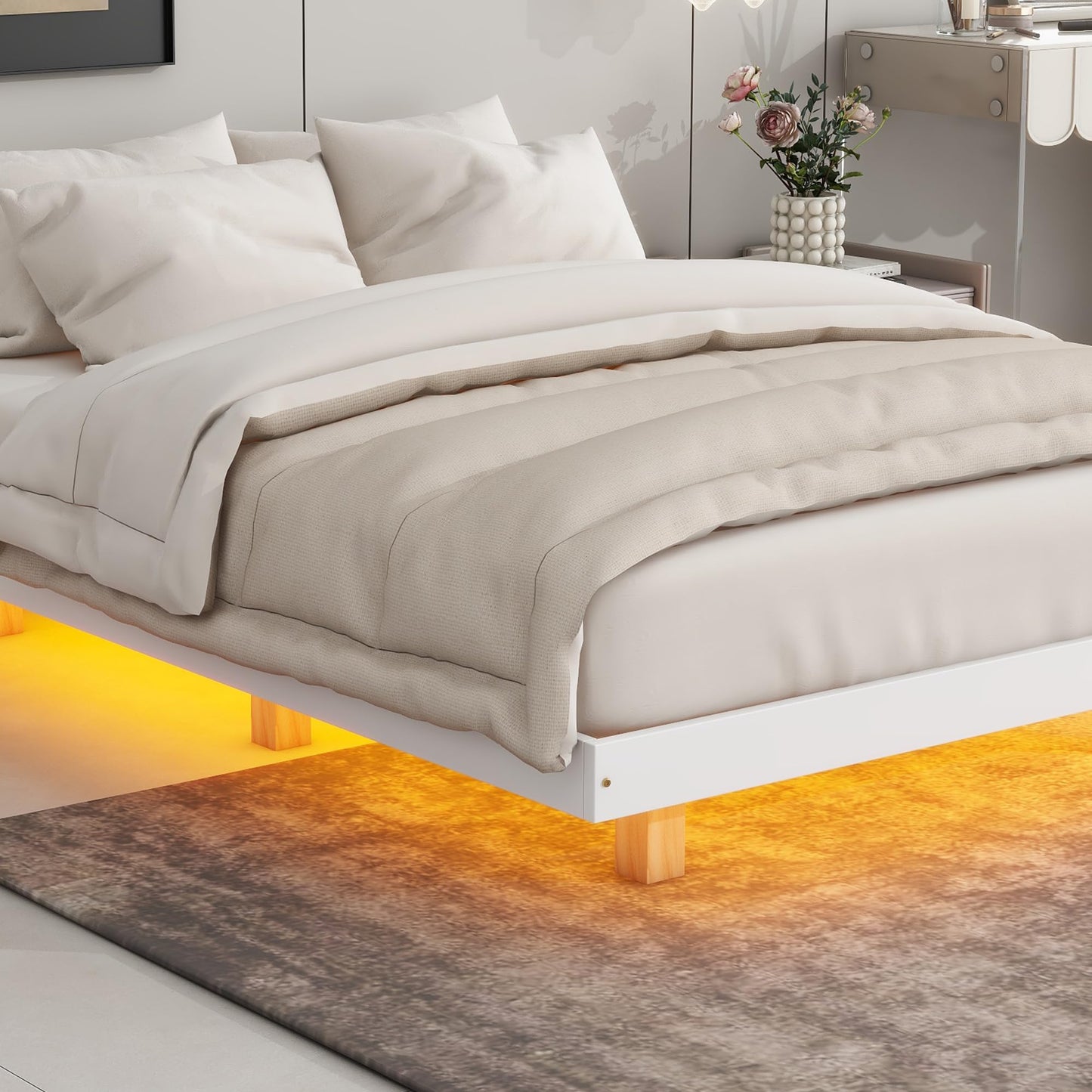 Anwickjeff Full Size Floating Platform Bed with LED Lights and Solid Wood Slats in White - WoodArtSupply