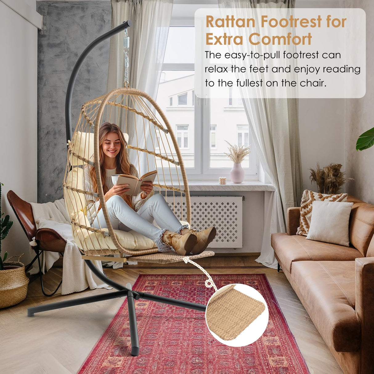 Brafab Hanging Egg Chair with Stand and Footrest, Wicker Egg Swing Chair Indoor Outdoor Aluminum-Steel Frame and UV Resistant Cushion, Patio Lounge Hammock Chairs for Bedroom 370LBS Capacity, Begie Brafab