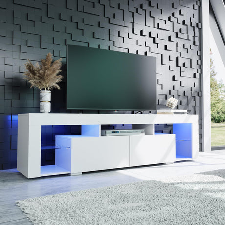 WLIVE LED TV Stand for 55/60/65/70 Inch TV, Modern Entertainment Center with Open Shelves, Wood TV Console with 2 Storage Drawers for Bedroom, Living Room, Gaming Media Stand with Display Glass, White WLIVE