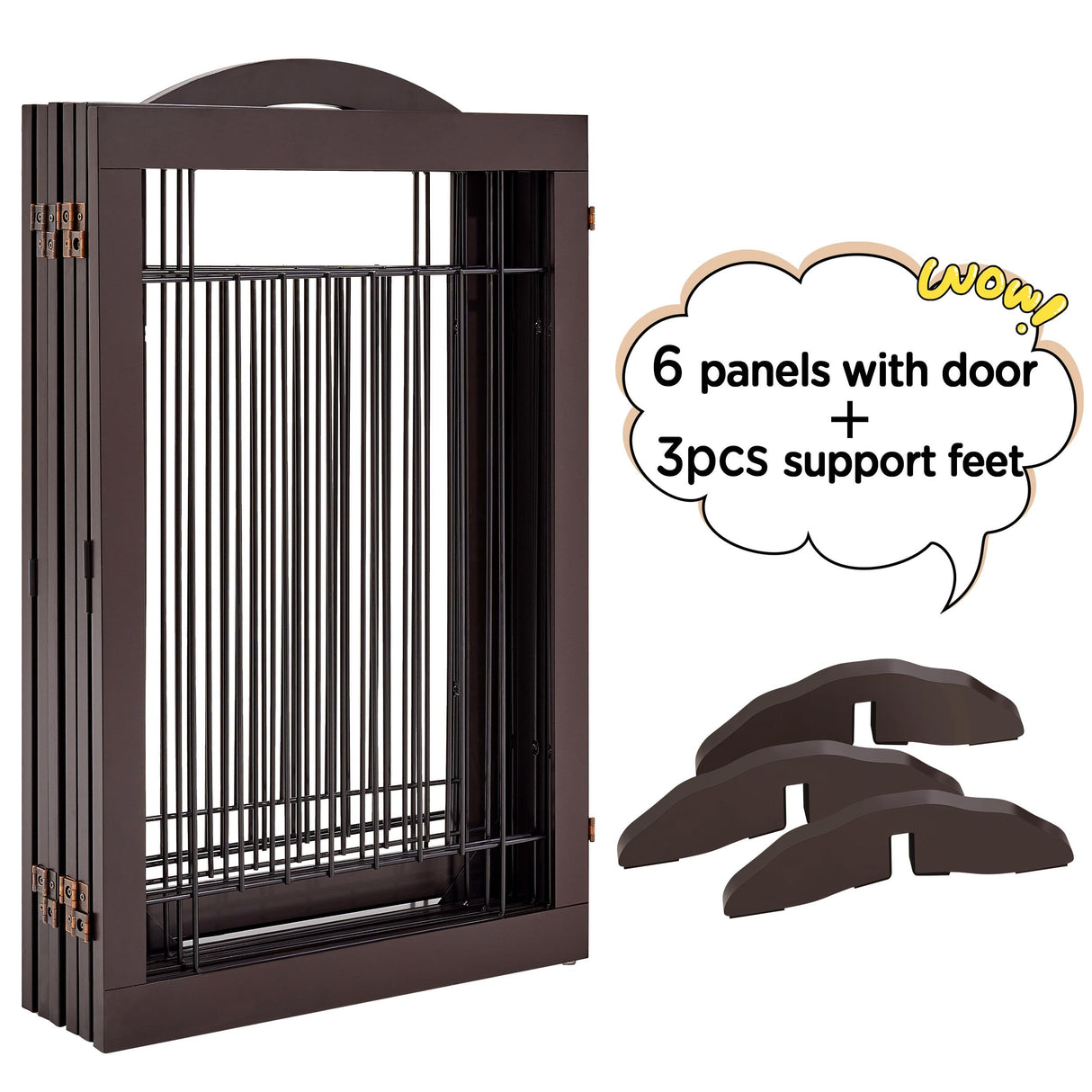 Yaheetech 32-inch Tall Dog Gate with Door Extra Wide Pet Gate for Dogs, Foldable Wire & Wooden Puppy Safety Fence w/3 Support Feet,Freestanding Dog Gate for the House,Doorway,Stairs(Espresso,6 Panels) Yaheetech