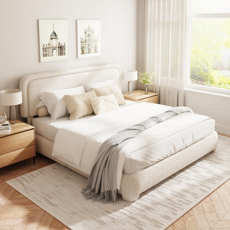 GLOLLOSPARK King Size Boucle Bed Frame, Cloud Upholstered Platform Bed with Height Adjustable Headboard & Soft Rounded Corners, No Box Spring Needed, Noise Free, Easy Assembly, Beige GLOLLOSPARK