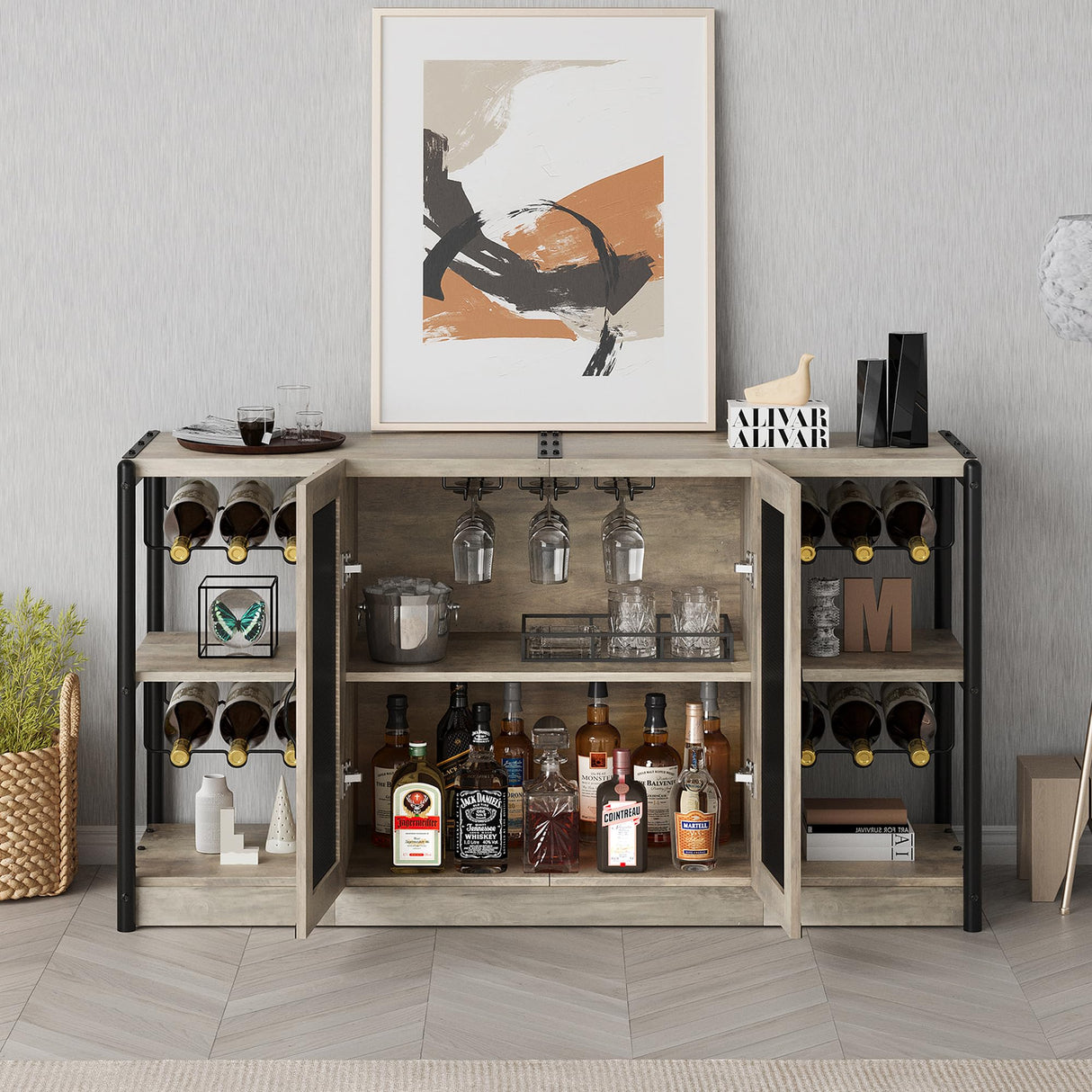 GAOMON Wine Bar Cabinet, Liquor Cabinet for Liquor and Glasses, Industrial Bars & Wine Cabinets with Storage and Wine Rack, Home Bar Furniture for Dining Room, Living Room, Kitchen (Grey) GAOMON