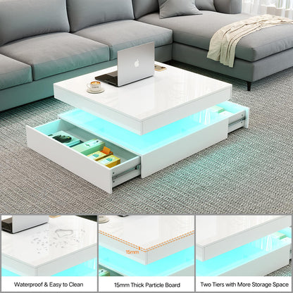 LED Coffee Table for Living Room with Storage - High Glossy Modern White Center Table with 2 Drawers, Square Wooden Middle Table with 16-Color Lights 31" x 31" x 14.6" (White) - WoodArtSupply