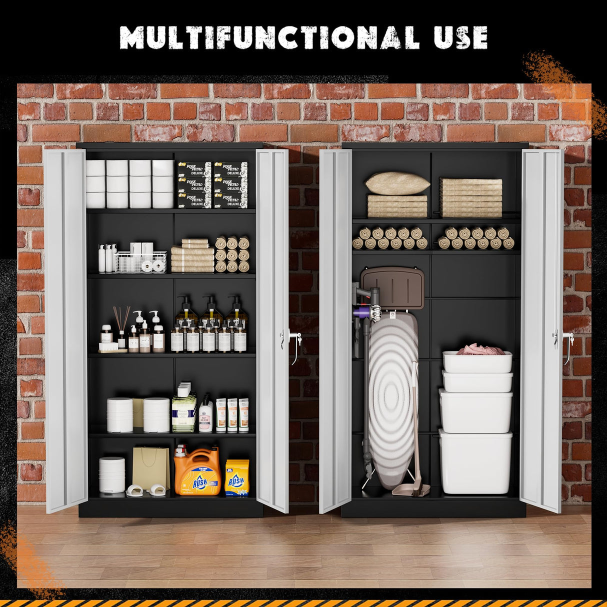 Greenvelly Metal Storage Cabinet, 72” Locking Metal Garage Storage Cabinet with 2 Doors and 4 Adjustable Shelves, Lockable Steel Tool Cabinets for Home Office, Garage,School,Gym (Black Grey) Greenvelly