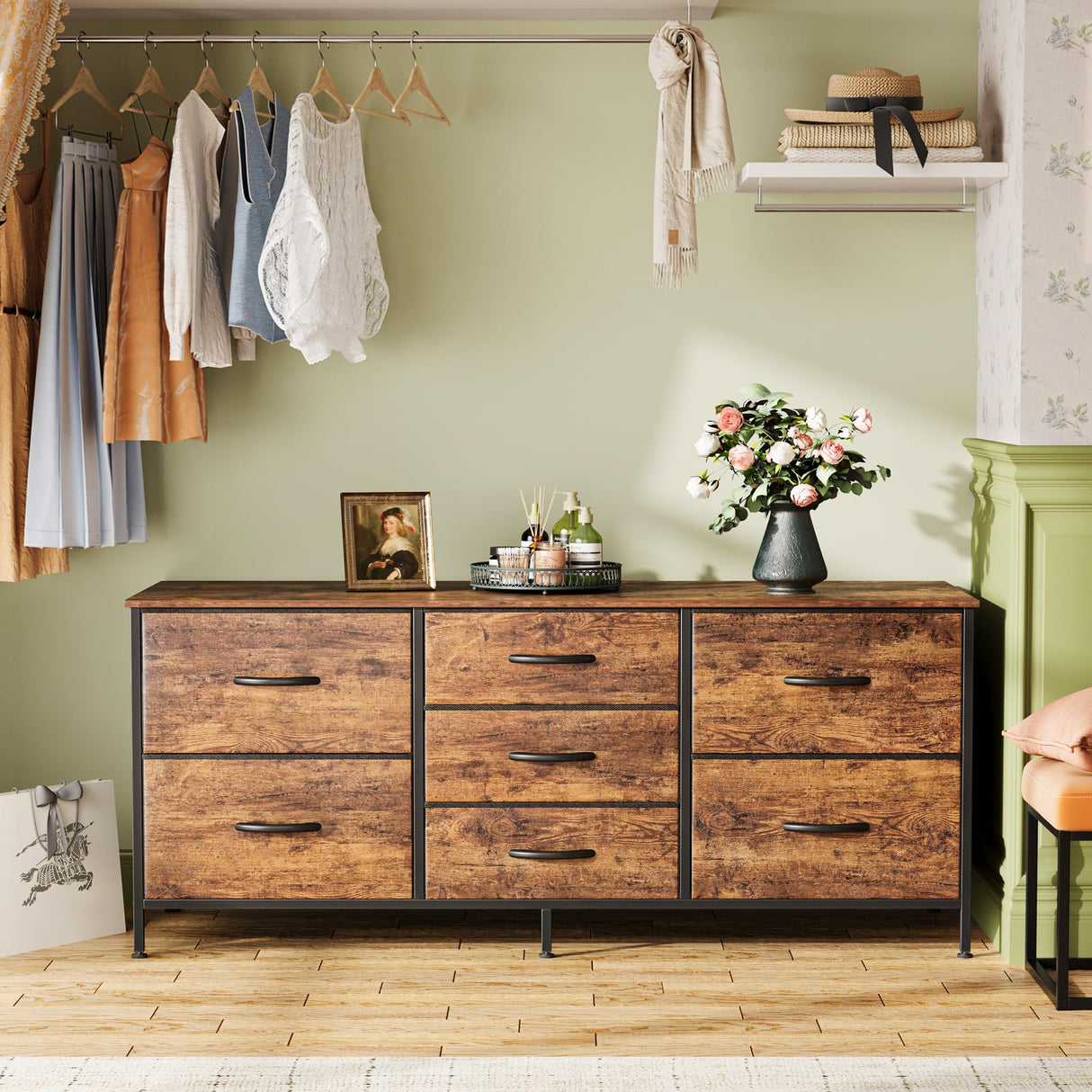 Huuger Dresser with 7 Drawers, 47 Inch Dresser TV Stand for 43, 50, 55 Inch TV, Wide Fabric Dresser Chest of Drawers, Metal Frame, Storage Dresser for Bedroom, Nursery, Clothing, Rustic Brown Huuger