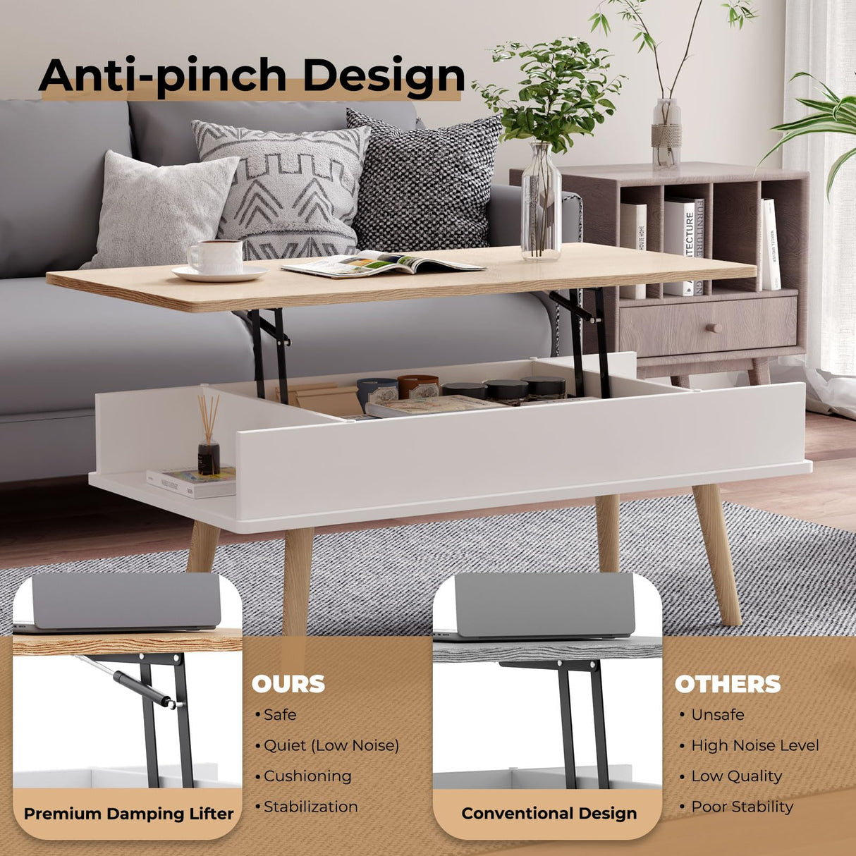 VYRIVA Lift Top Coffee Table, One Minute No Assembly Required Rising Tabletop Center Table with Large Hidden Storage Compartment, Open Shelf, Anti-Pinch Design Mute for Living Room (Oak) VYRIVA