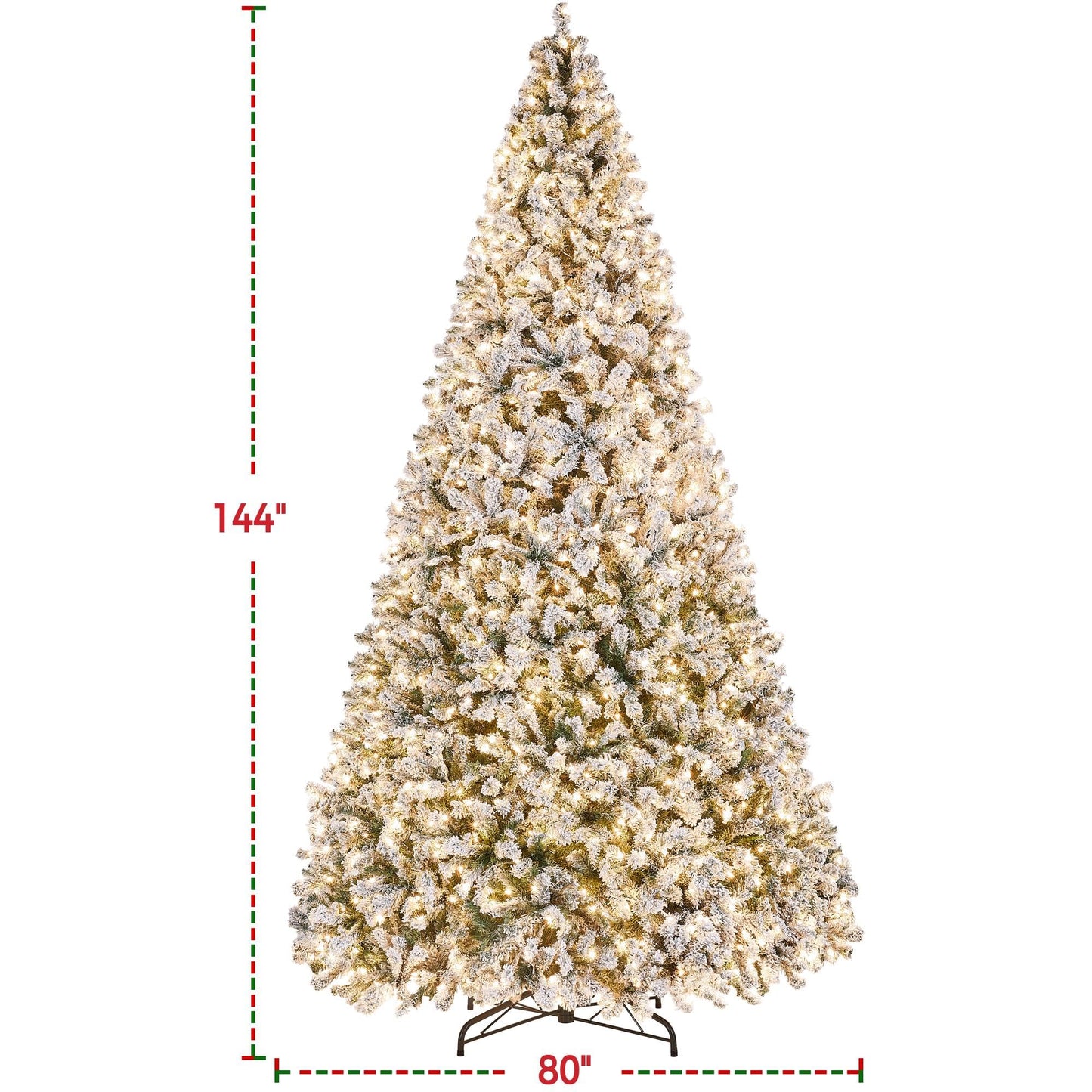 Yaheetech 12ft Pre-lit Artificial Christmas Tree W/Incandescent Warm White Lights, Snow Flocked Full Prelighted Xmas Tree W/4266 Branch Tips, 1750 Incandescent Lights & Foldable Stand, Green & White