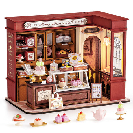 Rolife DIY Dollhouse Miniature House Kit 1:18 Vintage French Dessert Shop, Wooden Diorama Model Kit Mini House to Build with LED, Arts and Crafts for Adults Home Decor Creative Gift for Boys Girls Rolife