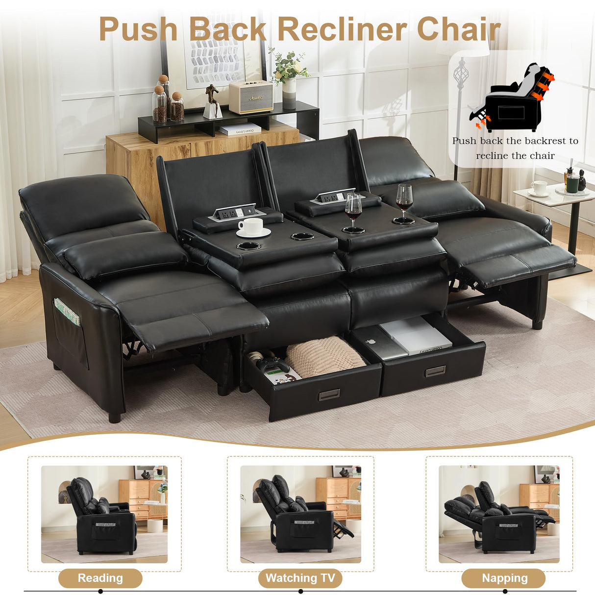 DRMBOOK 96'' RV 4 Seater Recliner Sofa, Faux Leather Three Camper Couch 4 Seater Recliner, Home Movie Theater Seating Chair, 4 Person Push Back Recliners for Living Room, Black DRMBOOK