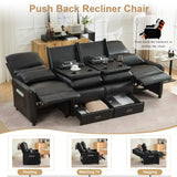 DRMBOOK 96'' RV 4 Seater Recliner Sofa, Faux Leather Three Camper Couch 4 Seater Recliner, Home Movie Theater Seating Chair, 4 Person Push Back Recliners for Living Room, Black DRMBOOK
