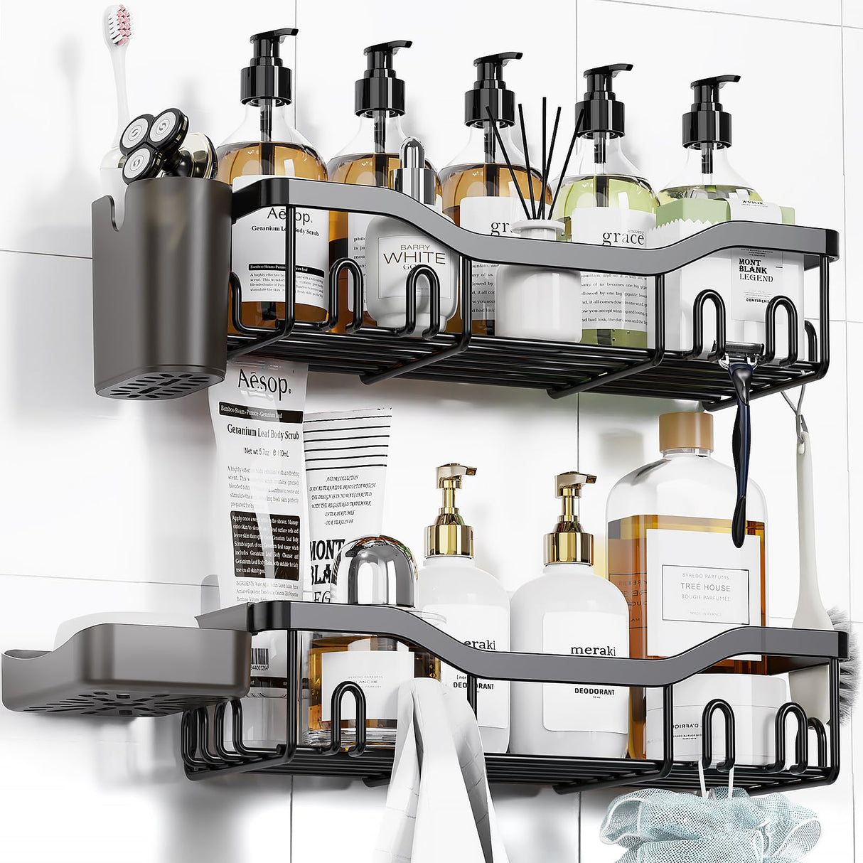 NESOMI Shower Caddy Adhesive Shower Organizer Rustproof Stainless Steel Bathroom Shelves, Large Capacity No-Drill Rack Storage Accessories with Soap Dish Toothbrush Holder & 16 Hooks Home Decor Black NESOMI