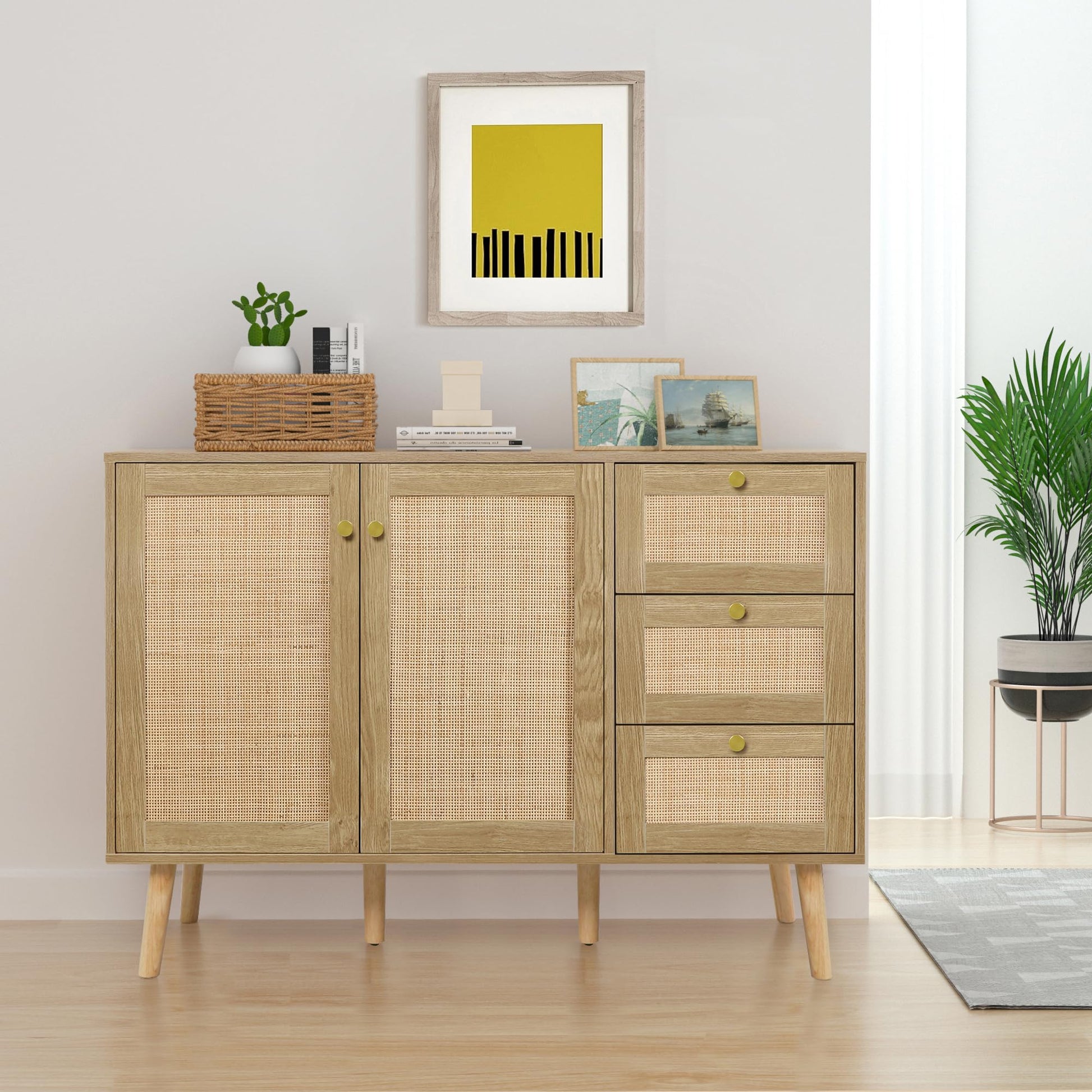 Anmytek Rattan Sideboard Buffet Cabinet with 2 Doors and 3 Drawers, Buffet Cabinet with Storage Wood Credenza Storage Cabinet for Living Room Dining Room Hallway Kitchen, Natural Oak H0088 - WoodArtSupply