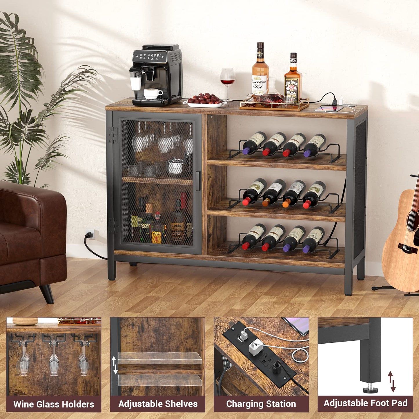 Homieasy Wine Bar Cabinet with Power Outlets, Industrial Coffee Bar Cabinet for Liquor and Glasses, Farmhouse Bar Cabinet with Removable Wine Racks, Rustic Brown - WoodArtSupply