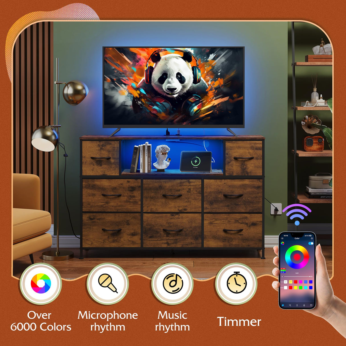 WLIVE Dresser for Bedroom, TV Stand for Bedroom for 55 inch TV with Charging Station and LED Lights, Fabric Chest of Drawers with Open Shelves, 8 Drawers Dressers for Living Room, Closet WLIVE