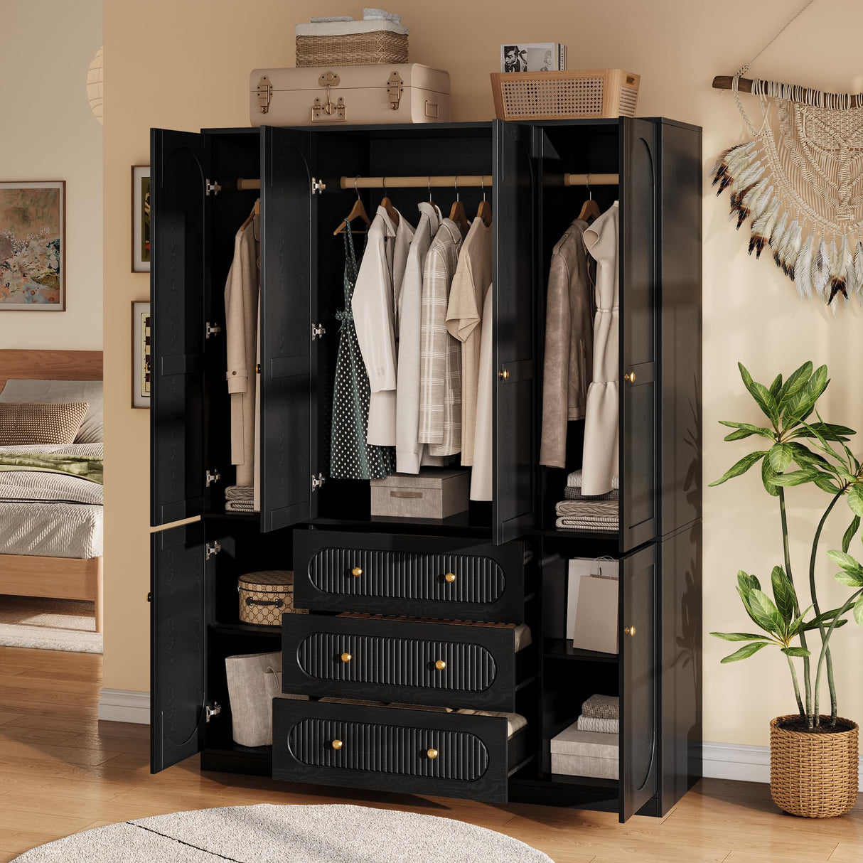 4 Doors Freestanding Armoire Wardrobe Closet, 72" Black Wardrobe Armoire Wooden Closet Large Capacity Storage with 3 Drawers & 3 Hanging Rod Shelves Clothes Organizer TOKSOM