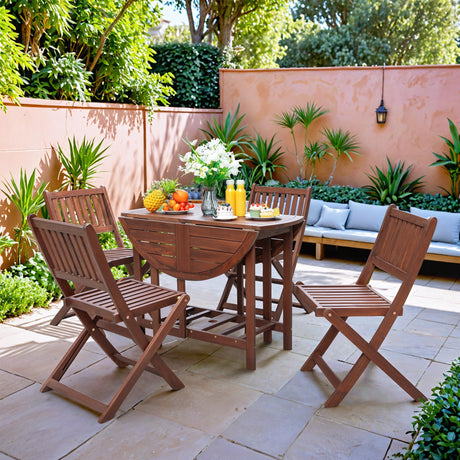 Greesum 5 Piece Patio Dining Set Outdoor Acacia Wood Furniture All-Weather Folding Round Table and Chairs for Backyard,Balcony,Porch,Deck,Garden, Dark Brown Greesum