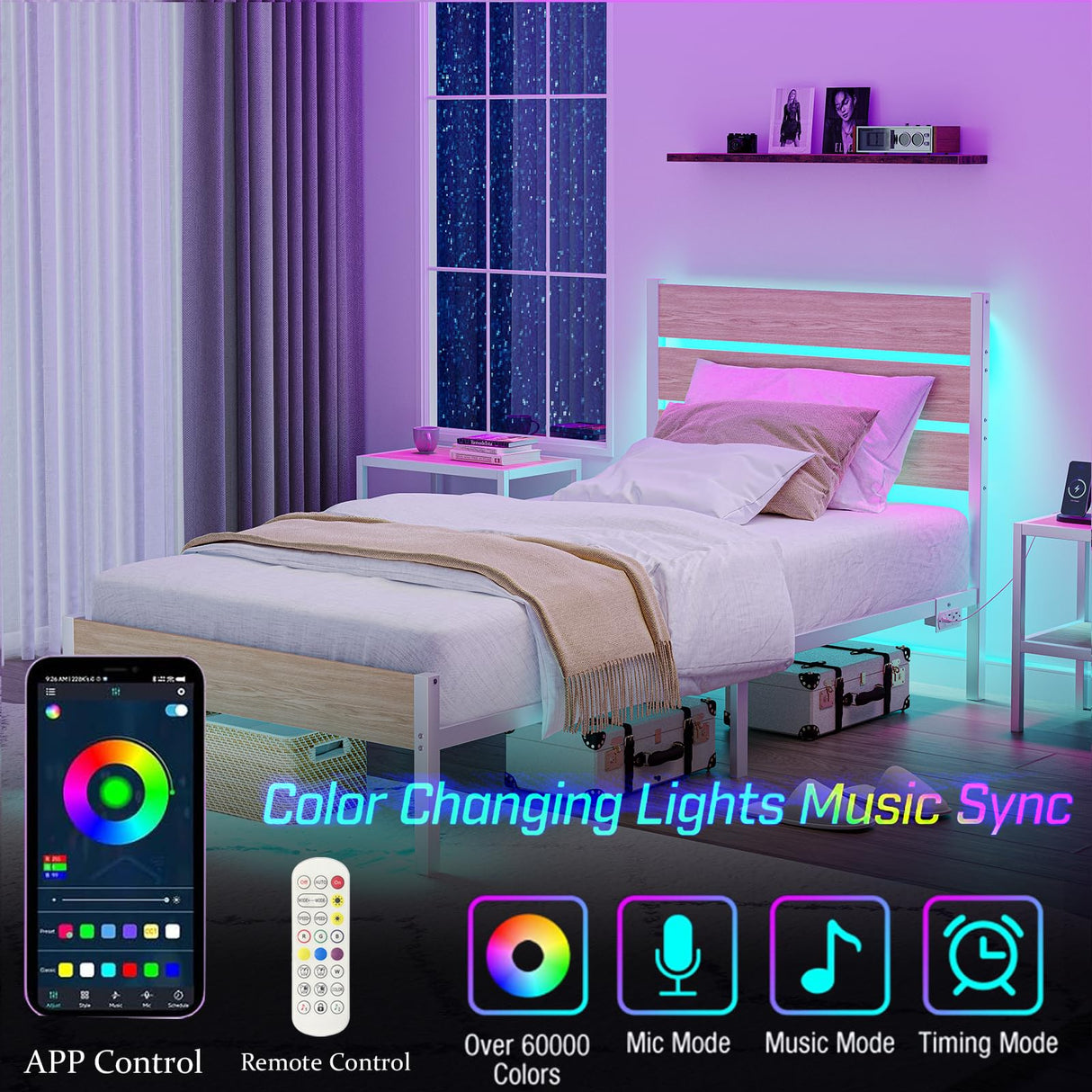 PUNICE Twin Size Bed Frame with Charging Station, LED Light Metal Bed Frame with Wooden Headboard, No Box Spring Required, No Noise, Easy Assembly, White PUNICE