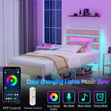 PUNICE Twin Size Bed Frame with Charging Station, LED Light Metal Bed Frame with Wooden Headboard, No Box Spring Required, No Noise, Easy Assembly, White PUNICE