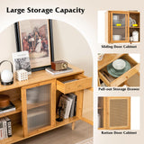 Moccha Buffet Cabinet with Storage, Bamboo Storage Cabinet with Rattan Glass Door Cabinet & Drawer, Farmhouse Kitchen Buffet Sideboard, Boho Console Table Credenza for Living Room Dining Room LDAILY