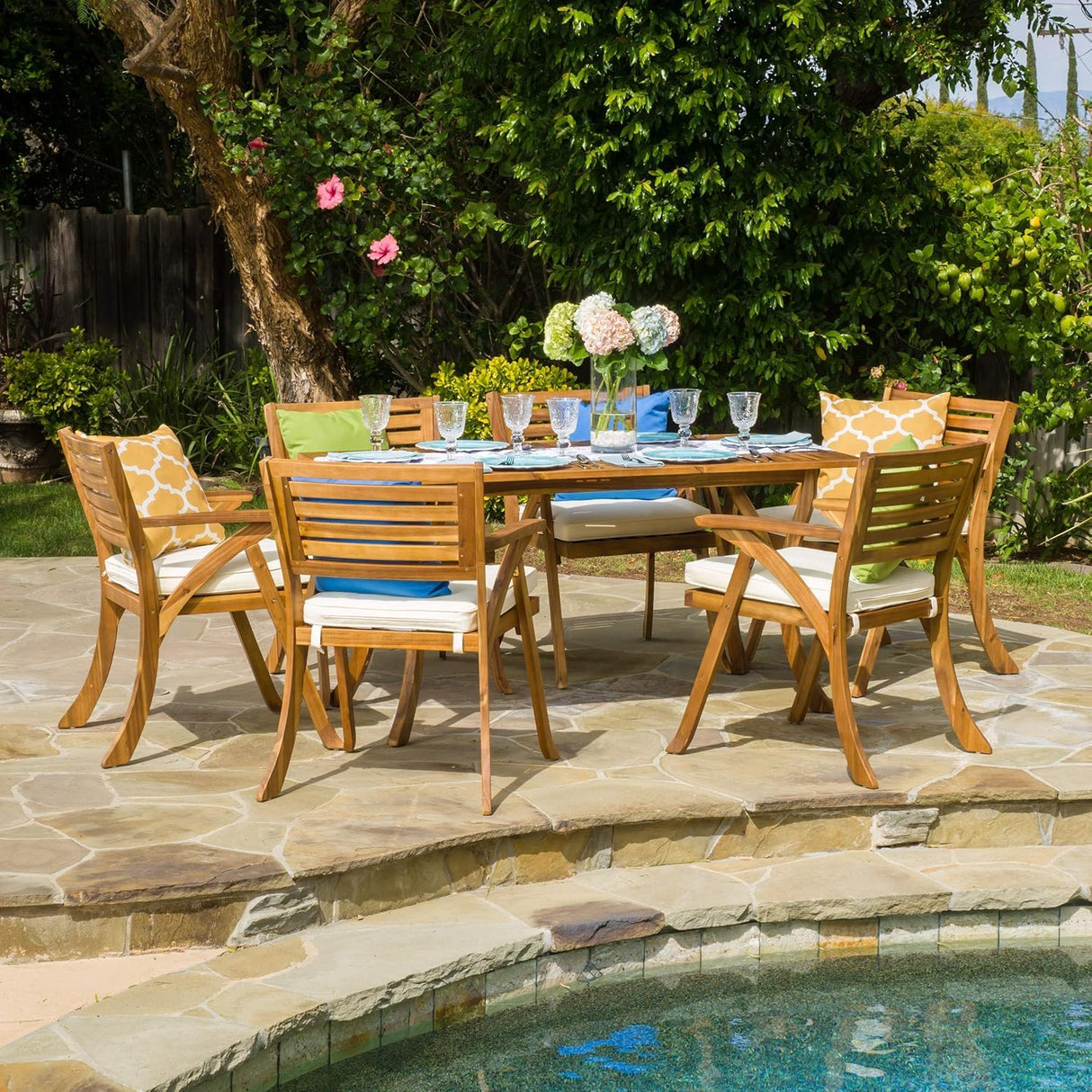Merax Outdoor Hermosa 7 Piece Wood Dining Set with Cushions, 1 Table and 6 Chairs, Teak Merax