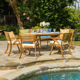 Merax Outdoor Hermosa 7 Piece Wood Dining Set with Cushions, 1 Table and 6 Chairs, Teak Merax