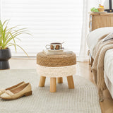 ALeesing Round Ottoman, Natural Seagrass Footstool with 4 Wood Legs, Multifunctional Modern Dressing Stool and Sofa Side Table for Bedroom (White) ALeesing