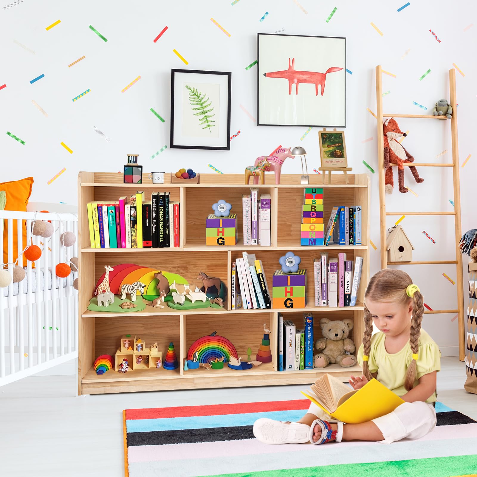 ZBPRESS 8-Compartment Natural Pine Wood Kids Storage Cabinet and Bookshelf - WoodArtSupply