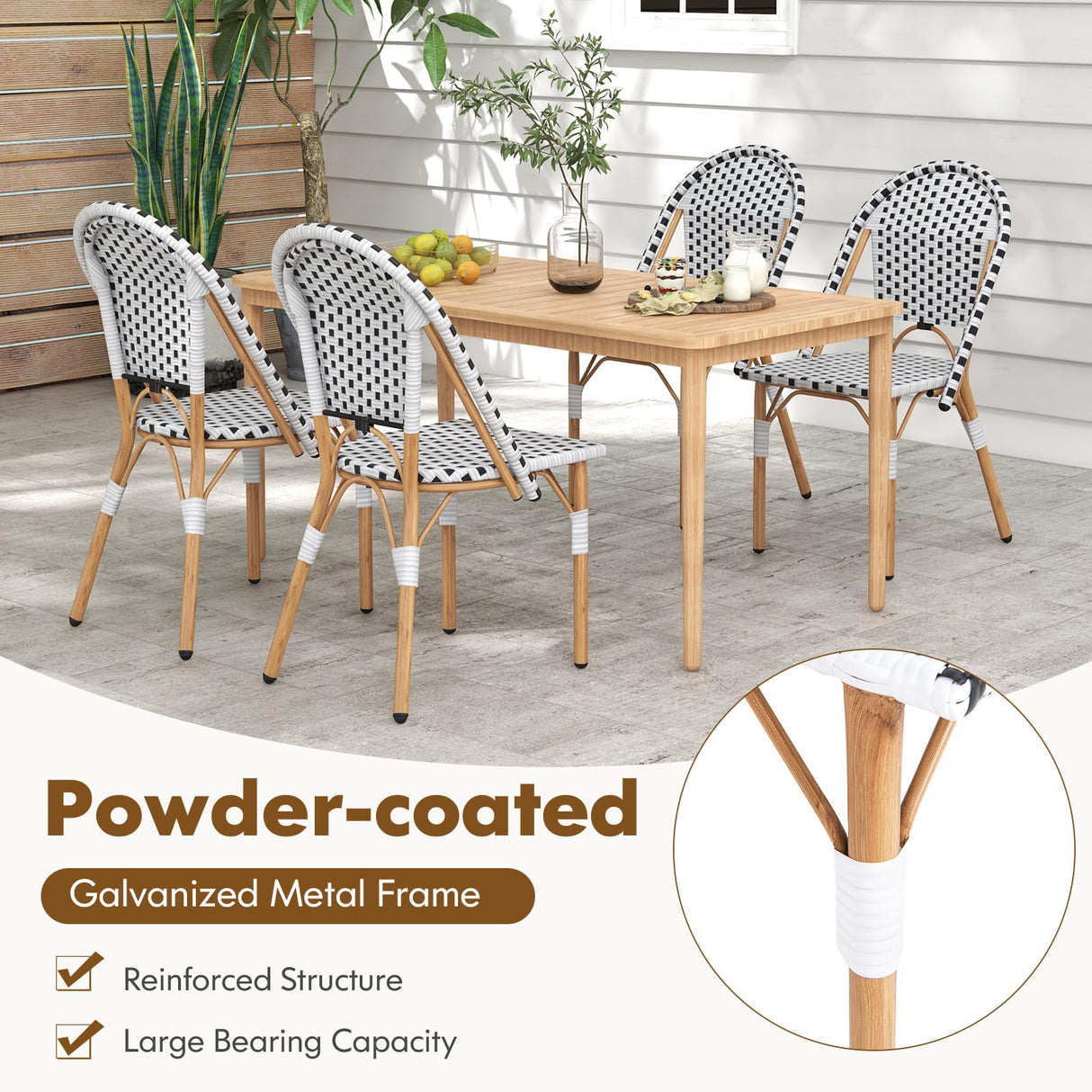 Tangkula French Bistro Chair Set of 4, Outdoor Armless Dining Chairs with Hand-Woven Rattan, Accent Chairs with Galvanized Metal Frame for Garden Kitchen Backyard Porch (Black & White) Tangkula
