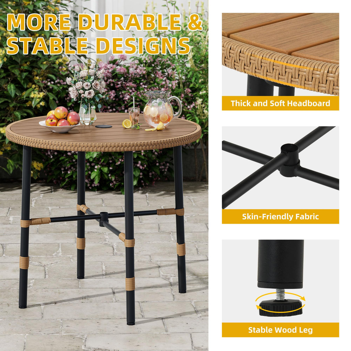 DWVO 5 Piece Patio Dining Sets, Outdoor Dining Furniture Set with 2" Umbrella Hole, Wicker Rattan Round Table and Chairs Set with Comfortable Cushions for Patio, Balcony, Backyard, Beige DWVO