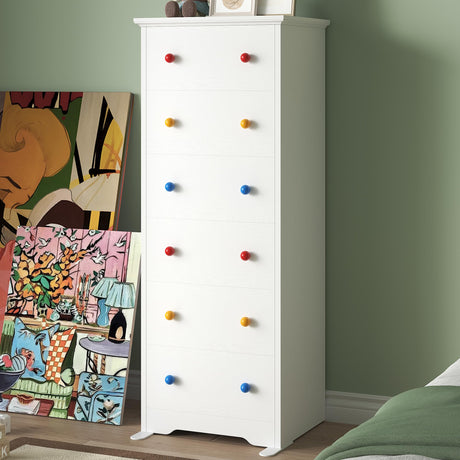 LIKIMIO Small Dresser Tall, 6 Drawer Tall Skinny Dresser with Colorful Handles, Chest of Drawers for Bedroom, 51.5" H Modern Wooden Floor Storage Cabinet with Metal Sliding Rail, White LIKIMIO