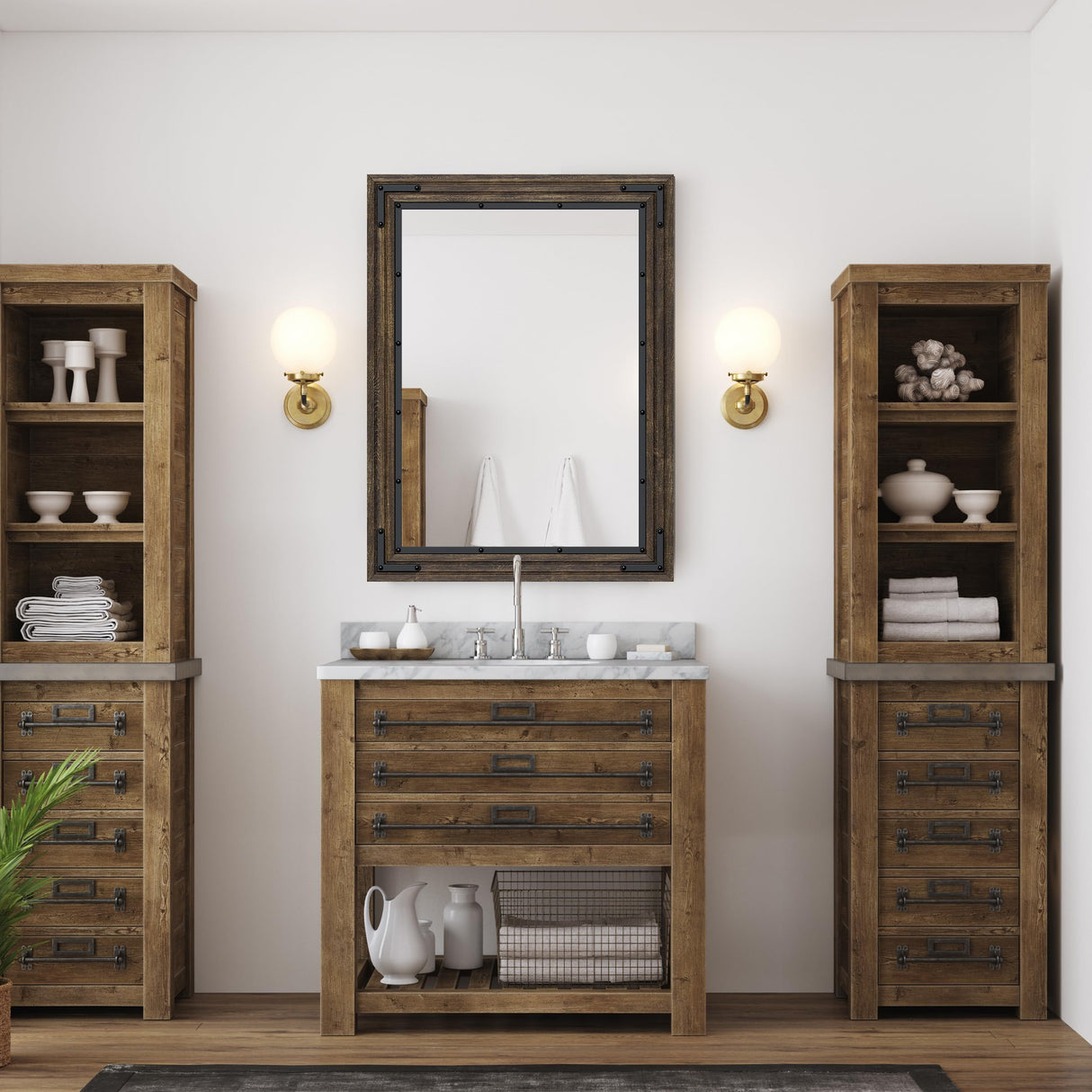 YOSHOOT Farmhouse Bathroom Mirror, Rustic Wood Mirror, Wooden Framed Vanity Mirror, Solid Wood & Handmade, Vertical or Horizontal Hanging for Bathroom Entryway Living Room Bedroom, 32" x 24", Brown YOSHOOT