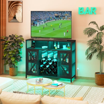 HDDDZSW XXL LED Wine Cabinet Home Bar Cabinets with Power Outlets, Coffee Bar Cabinet Liquor Cabinet for Glasses, Black Buffet Cabinet TV Stand with Wine Racks Countertop for Dining Kitchen