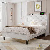 Feonase Velvet Twin Bed Frames with Luxury Wingback and Fast Charging Station,Twin Size Upholstered Button Tufted Storage Headboard Platform Bed,Wooden Slats Support,Noise-Free,Easy Assembly,White Feonase