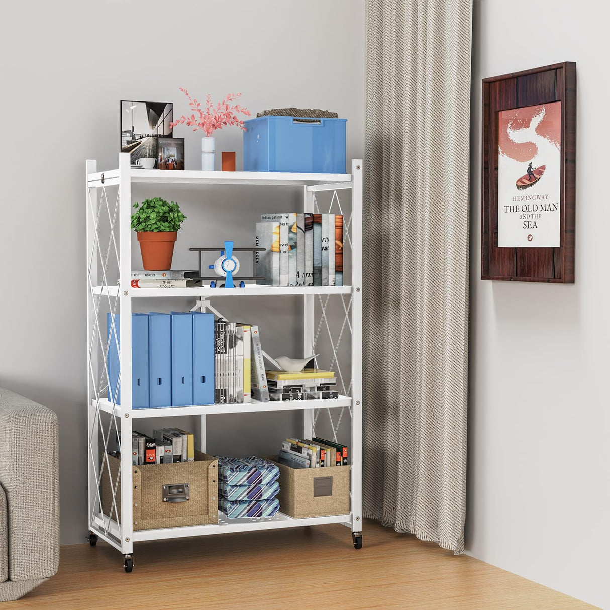 Lifetime Home 4-Tier Foldable Storage Shelf with Wheels - Metal Collapsible Shelving Unit Display, Rolling Cart for Books Kitchen Storage Shelves, Pantry & Closet Organizer, Office Room Decor - White Lifetime Home