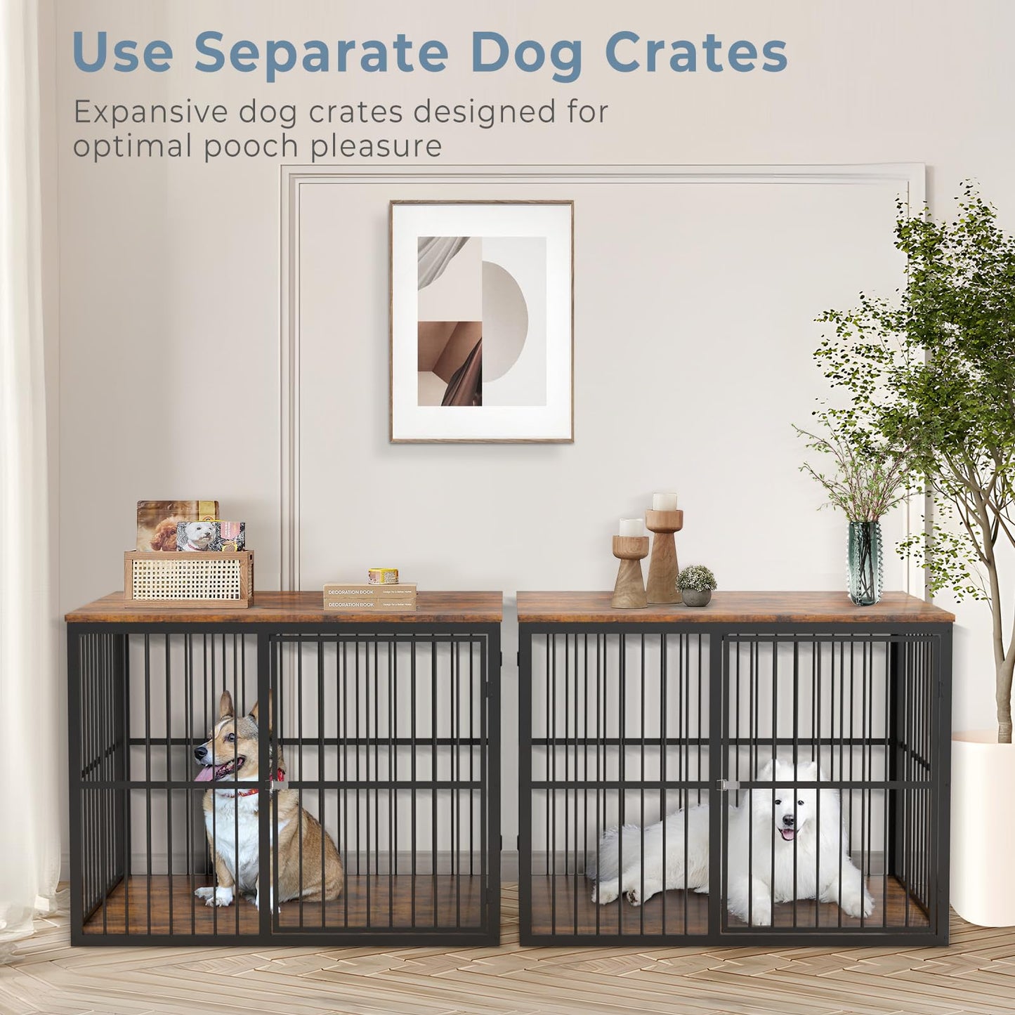 Lyromix 86.62''Dog Crate Furniture Large Breed TV Stand for 2 Dogs with Double Rooms,Wooden Dog Kennel Dog Crate End Table with Removable Divider for Large Medium Dogs, Can Use Separately, Br - WoodArtSupply