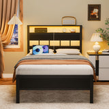 Furnulem Twin Bed Frames with Charging Station and LED Lights, Twin Size Platform Bed with Metal Slats, Wood Headboard with 2-Tier Storage Shelves, No Box Spring Needed, Black Oak Furnulem