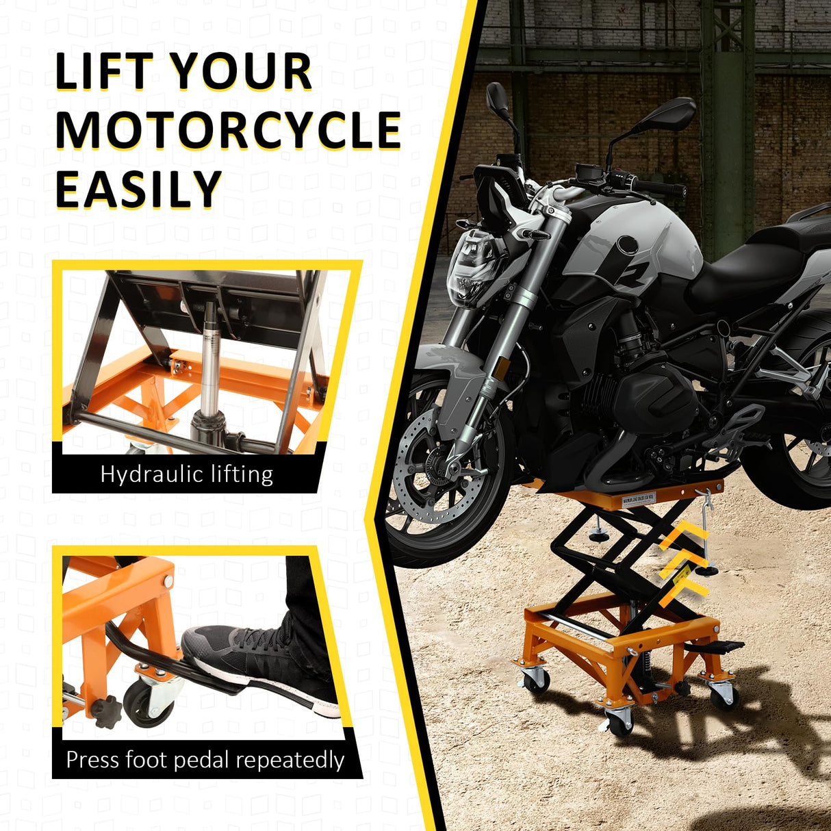 PENSUN Hydraulic Motorcycle Lift Table, 350 LBS Heavy Duty Ultra-Stable Motorcycle Scissor Jack Stand Fit for Motorcycle Dirt Bike ATV Motorcycle Bike, with Deck, J-Hooks, 4 Wheels PENSUN