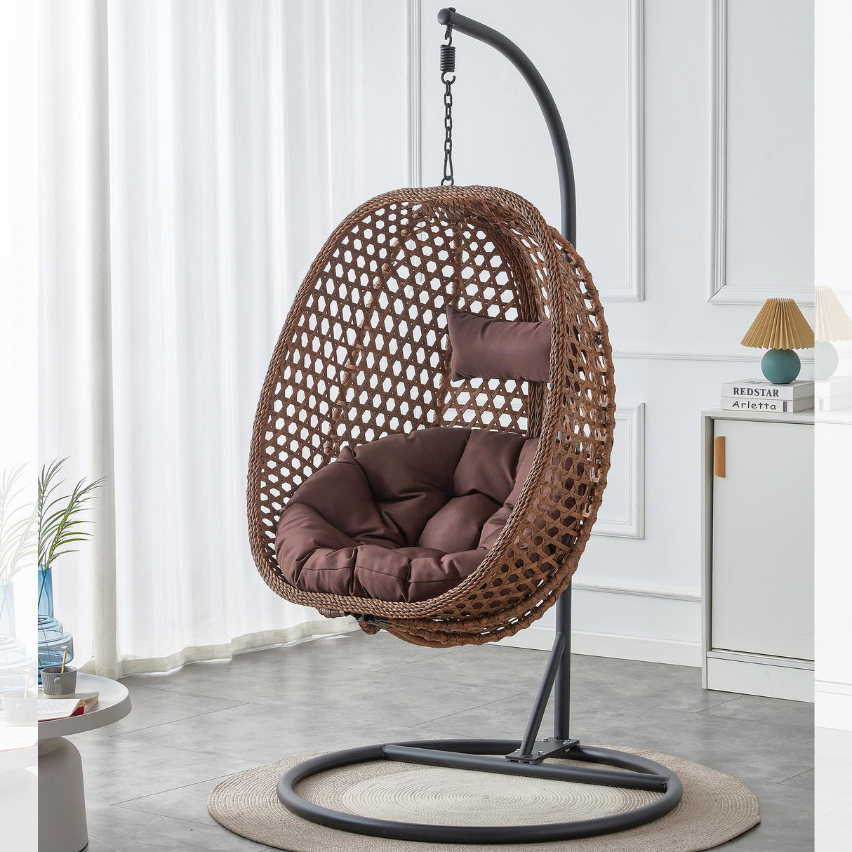 CRIPNAS Egg Swing Chair Outdoor with Stand, Hanging Egg Rattan Basket Chair with Cushion and Pillow, Lounge Chair, Foldable Basket and Metal Stand for Porch, Patio, Bedroom, Balcony,Yard (Brown) CRIPNAS