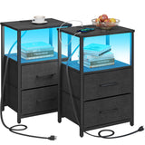 TUTOTAK LED End Table with Charging Station, Nightstand with Cloth Drawer, Side Table with 1 USB Port and 1 Type-C Port, Set of 2, Couch Table, Black TB01BK052L TUTOTAK