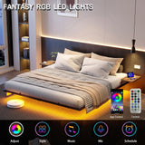 Bigu Floating Bed Frame with LED Lights Metal Platform with 2 Bedside Tables and Charging Station, Queen Bigu