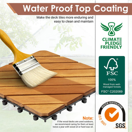 PrimeZone 108 PCS FSC Certified Acacia Wood Interlocking Patio Deck Tiles - 12" x 12" Indoor Outdoor Waterproof Flooring Tiles for Balcony, Backyard & Poolside, All Weather Use, Natural Wood, Diagonal PrimeZone