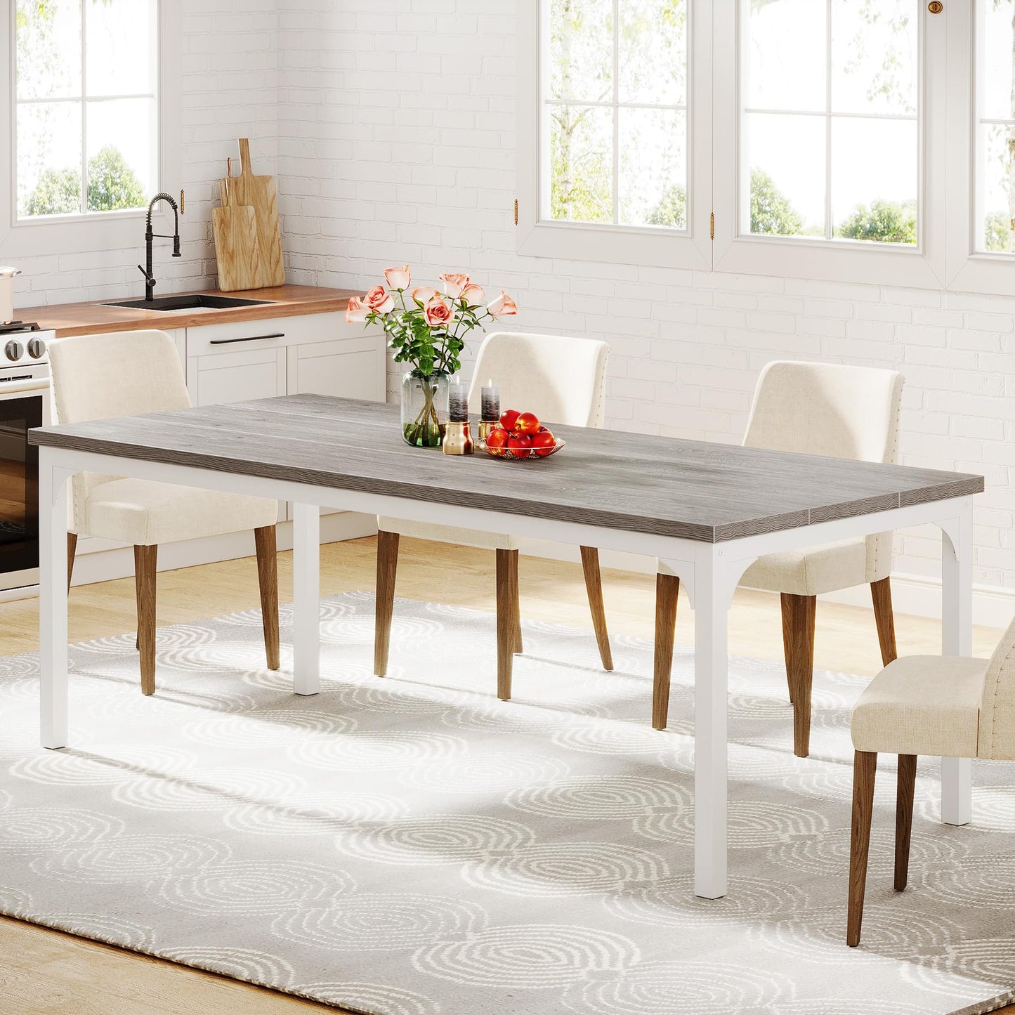 Tribesigns Farmhouse Dining Table for 6-8, 70.9 Inch Rectangular Wood Kitchen Table with Heavy Duty Metal Legs, Industrial Dinner Table for Dining Room, Living Room, Grey and White - WoodArtSupply