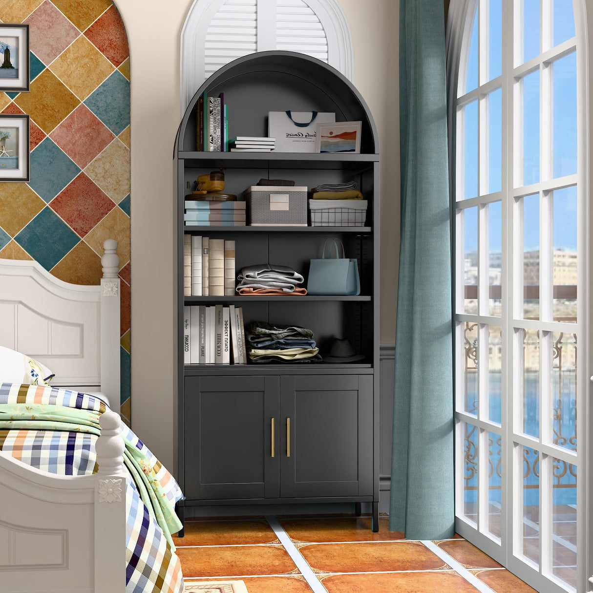 VEXPOR 79 in Tall Metal Arched Bookcase, 5-Tier Arched Bookcase with Doors, Modern Farmhouse Bookshelf with 2 Adjustable Shelves, Pantry Display Cabinet for Living Room, Black, Assembly Required VEXPOR