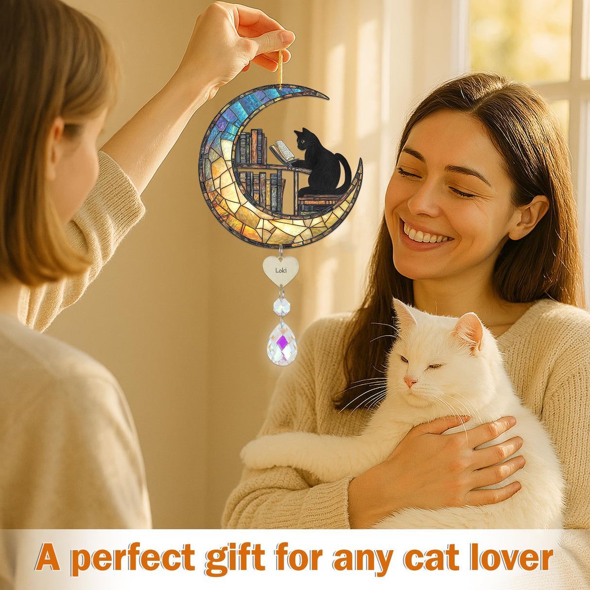Black Cat and Bookshelf Suncatcher - Black Cat Reading a Book on The Moon Suncatcher, Bookworm Ornament with Crystal Suncatchers, Pet Memorial Gifts for Women, Gift for Book Lovers and Pet Owner. BOBI CARE