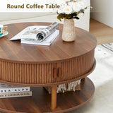 XUZENEST 31.5” Round Coffee Table with Storage, Mid Century Modern 2 Tier Coffee Table with Tambour Sliding Door, Solid Wood Legs Fluted Center Table for Living Room Home Office Small Space, Walnut XUZENEST